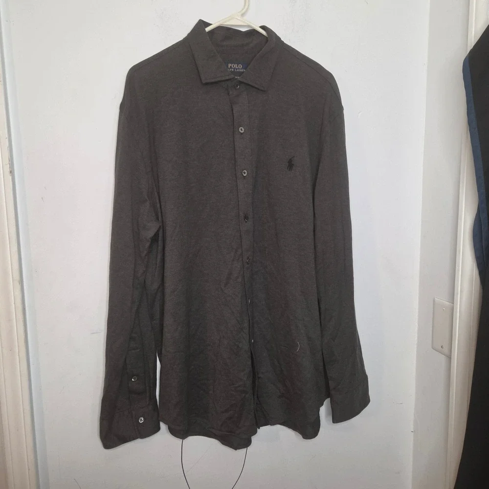 Polo‎ Ralph Lauren Mens XXL Knit Dress Shirt Charcoal Grey Long Sleeve Pony Logo